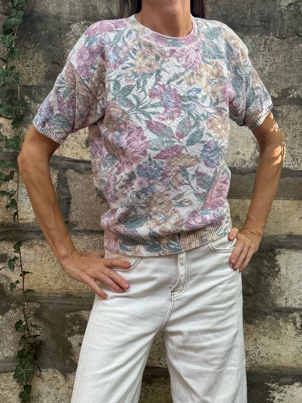Vintage united states sweaters Pastel Floral Short-Sleeve Knit Sweater